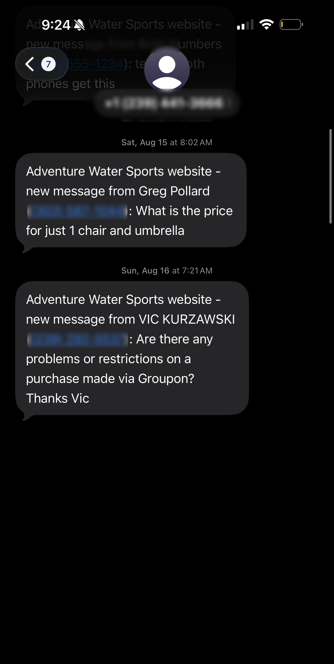 Real customer text: rent tomorrow at 12, chair and umbrella price, Groupon question