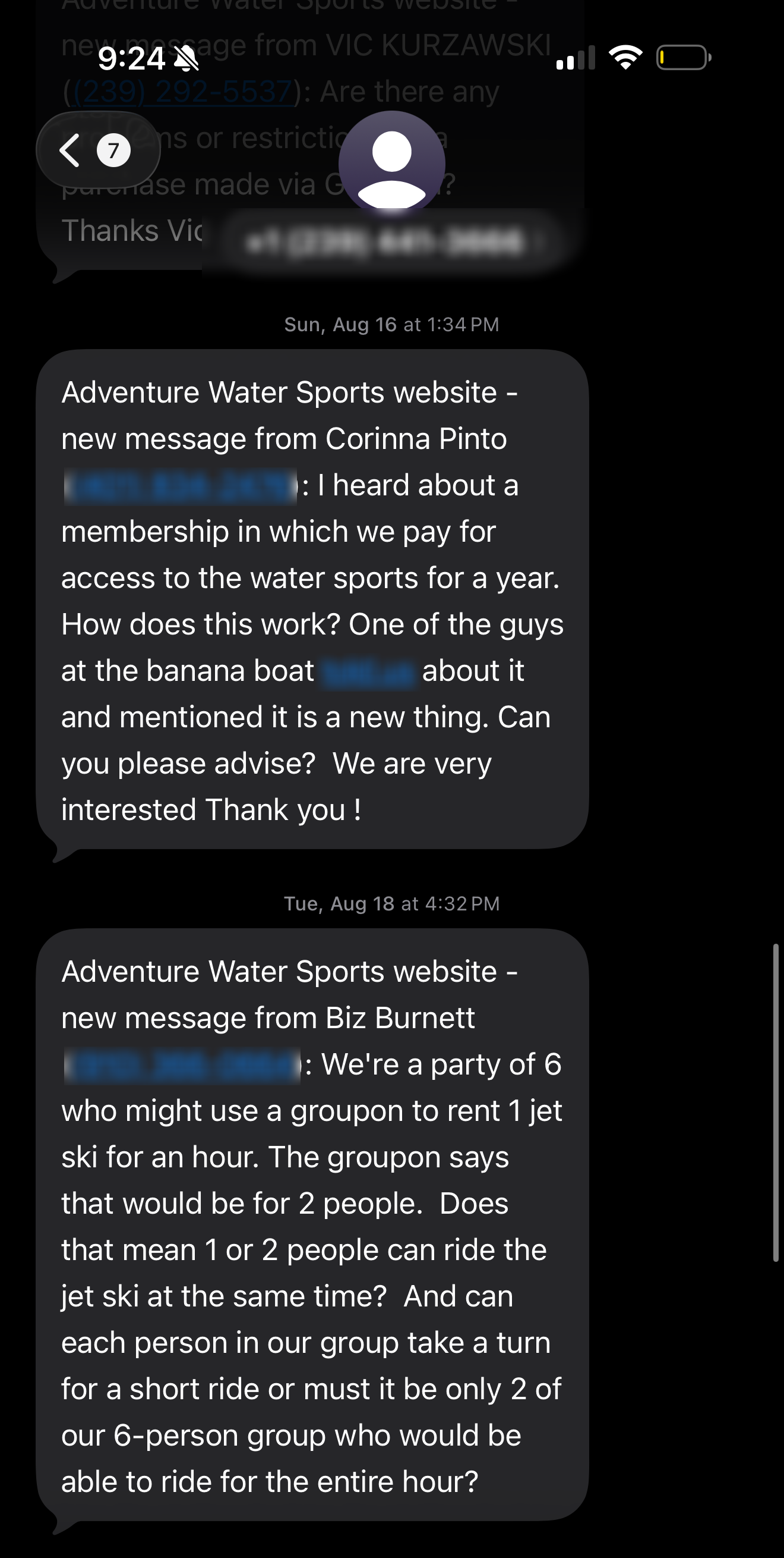 Real customer text: membership question, party of 6 jet ski question