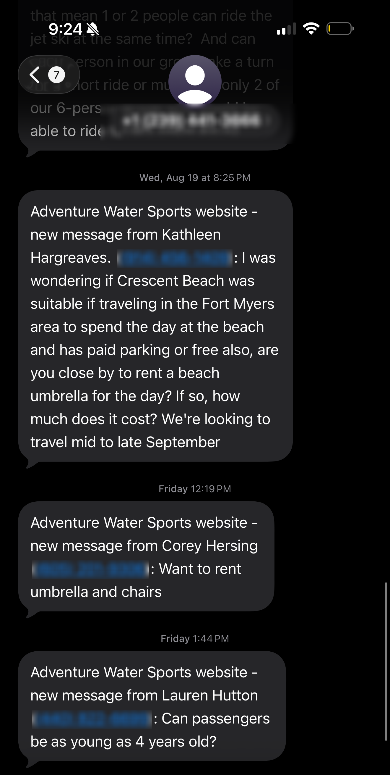 Real customer text: Crescent Beach question, umbrella and chairs, passenger age